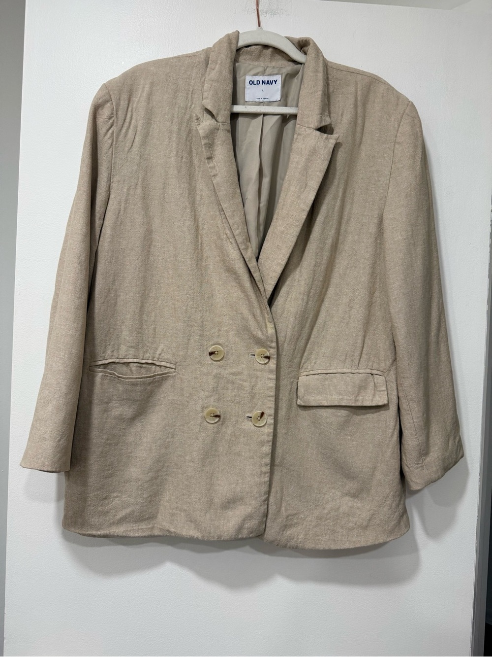 Old Navy Beige Double-Breasted Linen-Blend Blazer